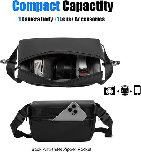 YaKuss Camera Sling Bag, Lightweight Crossbody Camera Case for Photography, Water-resistant Leather Coating Compact Camera Bag for Canon Nikon Sony SLR DSLR Mirrorless Camera and Lens, Small, Black in Saudi Arabia