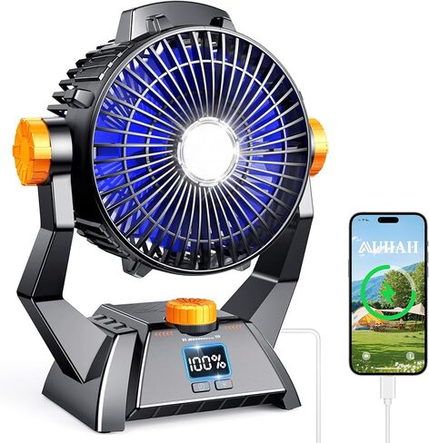 Camping Fan - Rechargeable Portable Battery Powered Camping Fans for Tents with LED Light, Power Display, Timers & 360° Hanging Hook, Ultra Quiet USB Personal Tent Fan for Fishing Travel Home Office in Saudi Arabia