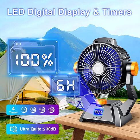 Camping Fan - Rechargeable Portable Battery Powered Camping Fans for Tents with LED Light, Power Display, Timers & 360° Hanging Hook, Ultra Quiet USB Personal Tent Fan for Fishing Travel Home Office in Saudi Arabia