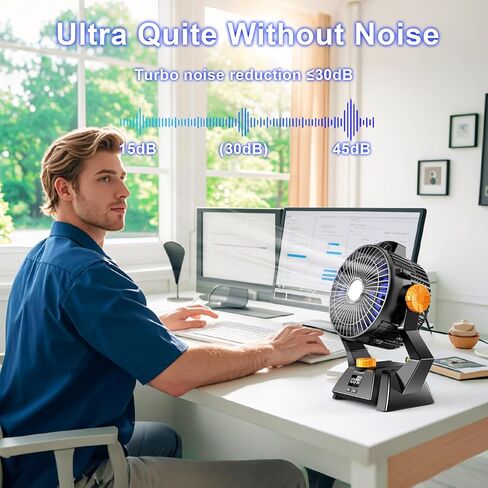 Camping Fan - Rechargeable Portable Battery Powered Camping Fans for Tents with LED Light, Power Display, Timers & 360° Hanging Hook, Ultra Quiet USB Personal Tent Fan for Fishing Travel Home Office in Saudi Arabia