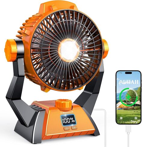 Camping Fan - Rechargeable Portable Battery Powered Camping Fans for Tents with LED Light, Power Display, Timers & 360° Hanging Hook, Ultra Quiet USB Personal Tent Fan for Fishing Travel Home Office in Saudi Arabia