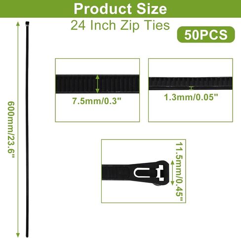 24 Inch Long Reusable Zip Ties, Heavy Duty Black Cable Ties Reusable, Adjustable Tie Wrap Non Slip Off, Releasable Wire Ties for Wire Management Outdoor Patio, 50 Pack in Kuwait