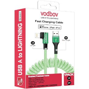Coiled Lightning Cable, 2ft-8ft USB-A to Lightning Cable Fast Charging,Retractable Green Braided Spring Cable with Right Angle Connector,Compatible with iPhone, iPad, AirPods, and Car Charger