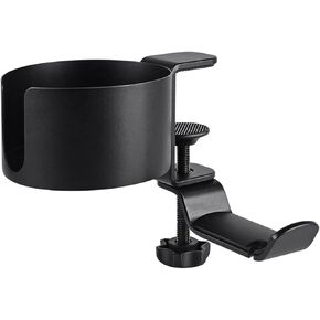 Headphone Stand 2 in 1 Desk Cup Holder Clamp Black, Under Table Headphone Holder Mechanical Telescoping Anti-Spill Cupholder with Cable Organizer, 360° Rotation Hanger Aluminum Alloy Stand Hook Headse