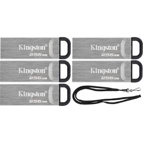 Kingston 256GB DataTraveler Kyson High Performance up to 200MB/s USB 3.2 Metal Flash Drive DTKN/256GB Bundle with (1) GoRAM Black Lanyard (256GB, 5 Pack)