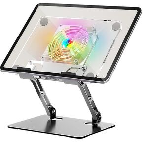 Acrylic Tablet Stand Holder - with A Fan and RGB Lighting, Adjustable ipad Mount for Desk,Compatible with 4.7-12.9inch Device Such as iPad Pro Air Mini and More