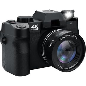 4K Digital Camera for Photography and Video Auto Focus 48MP Vlogging Camera,180°Flip Screen 16X Zoom with 32GB SD Card, 2 Batteries Black