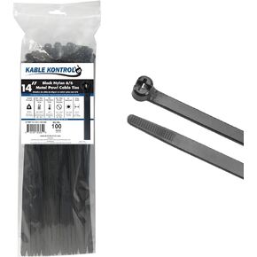 Kable Kontrol Cable Ties with Metal Tooth, 14 Inch 100 Pcs, 120 Lbs Tensile Strength, Metal Pawl, Stainless Steel Toothed Self-Locking Device, UV Resistant Steel Barb Zip Ties - Black