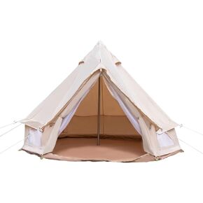 4-Season Bell Tent for Camping & Glamping, Waterproof Polyester Cotton Canvas Family Tent, Detachable Floor & Ventilation, Backyard, Festivals, Hiking Shelter