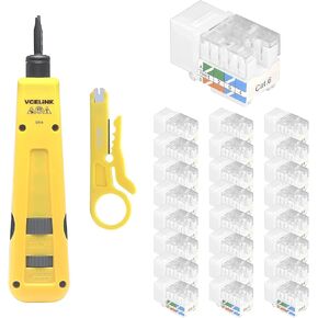 VCE 25-Pack Cat6 RJ45 90 Degree Keystone Jack Insert Bundle with Punch Down Tool Kit with 110 and 66 Blades