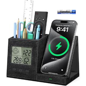 Pen Holder for Desk, Desk Organizer with Wireless Charger, Digital Indoor Thermometer and Humidity Monitor, Multi-Functional Pencil Organizer, Des k Organizers and Accessories for Home Office Supplies