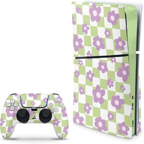 Compatible with PS5 Slim Skin for Console and Controllers by ZOOMHITSKINS, 3M Vinyl Decal Cover Sticker, Checkered White Green Tiny Mini Flowers Cute Kawaii Magnolia, Durable, Bubble-Free