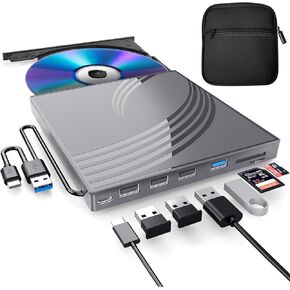 External CD/DVD Drive for Laptop, Ultra Slim CD Burner USB 3.0 Hub with 4 USB Ports, 2 TF/SD Card Slots, 1 Type-C Port, Laptop DVD Player with Case(Gray)