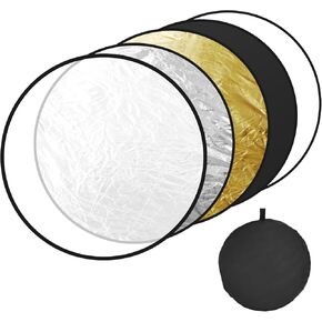 5-in-1 Collapsible Light Reflector (43"/110cm) Photography Reflector Diffuser with Carry Bag for Studio & Outdoor Lighting, Translucent/Silver/Gold/White/Black Surfaces, Portable Multi