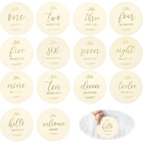 Baby Monthly Milestone Cards - 7 Double-Sided Engraved Wooden Discs for Adorable Milestone Pictures of Your Newborn Boy Girl - Welcome Home & Hello World Sign are A Great Gift Photo Props