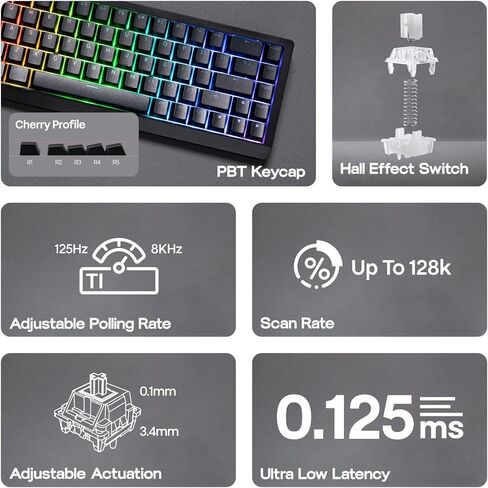 Epomaker HE68 Lite Hall Effect Affect Gaming Keyboard ، 8K استقصاء ومعدل فحص 128 كيلو ، زناد قابل للتعديل 0.01 ملم ، 0.125 مللي ثانية زمن وصول ، 5 طبقات صوتية ، مفتاح المفتاح ، SOCD ، A-RGB ، سلكية ، برنامج MAC (أسود) in Saudi Arabia