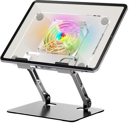 حامل حامل أقراص أكريليك - مع إضاءة مروحة وإضاءة RGB ، حامل iPad قابل للتعديل للمكتب ، متوافق مع جهاز 4.7-12.9 بوصة مثل iPad Pro Air Mini والمزيد in Kuwait