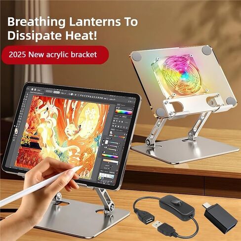 حامل حامل أقراص أكريليك - مع إضاءة مروحة وإضاءة RGB ، حامل iPad قابل للتعديل للمكتب ، متوافق مع جهاز 4.7-12.9 بوصة مثل iPad Pro Air Mini والمزيد in Kuwait