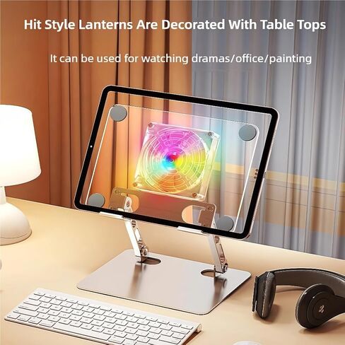 حامل حامل أقراص أكريليك - مع إضاءة مروحة وإضاءة RGB ، حامل iPad قابل للتعديل للمكتب ، متوافق مع جهاز 4.7-12.9 بوصة مثل iPad Pro Air Mini والمزيد in Kuwait