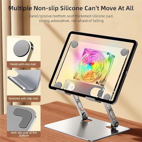 حامل حامل أقراص أكريليك - مع إضاءة مروحة وإضاءة RGB ، حامل iPad قابل للتعديل للمكتب ، متوافق مع جهاز 4.7-12.9 بوصة مثل iPad Pro Air Mini والمزيد in Kuwait