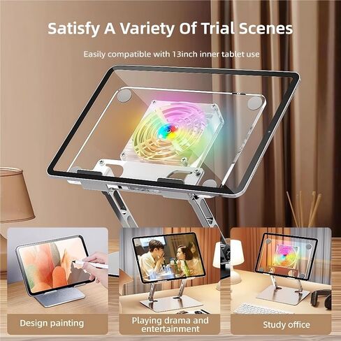 حامل حامل أقراص أكريليك - مع إضاءة مروحة وإضاءة RGB ، حامل iPad قابل للتعديل للمكتب ، متوافق مع جهاز 4.7-12.9 بوصة مثل iPad Pro Air Mini والمزيد in Kuwait
