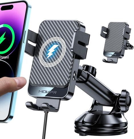 Wireless Car Charger, MOKPR 15W Fast Charging Auto-Clamping Car Mount Universal Hands-Free Car Charger Mount for Dash Windshield Air Vent Compatible with iPhone 16 15/14/13/12, Samsung S23/S22/S21,etc in Kuwait