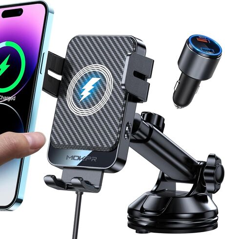 Wireless Car Charger, MOKPR 15W Fast Charging Auto-Clamping Car Mount Universal Hands-Free Car Charger Mount for Dash Windshield Air Vent Compatible with iPhone 16 15/14/13/12, Samsung S23/S22/S21,etc in Kuwait