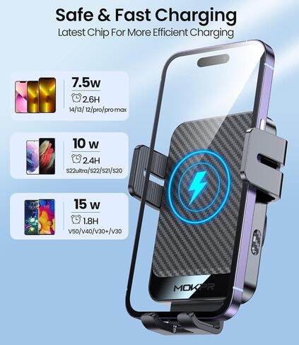 Wireless Car Charger, MOKPR 15W Fast Charging Auto-Clamping Car Mount Universal Hands-Free Car Charger Mount for Dash Windshield Air Vent Compatible with iPhone 16 15/14/13/12, Samsung S23/S22/S21,etc in Kuwait