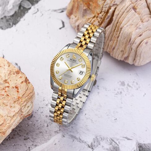 BUREI Women Watch Business Women Watches with Day DateAnalog Quartz Watch for Ladies Silver Gold Stainless Steel Bracelet Watch Fashion Ladies Watches Small Face Diamond Watch Waterproof in Saudi Arabia