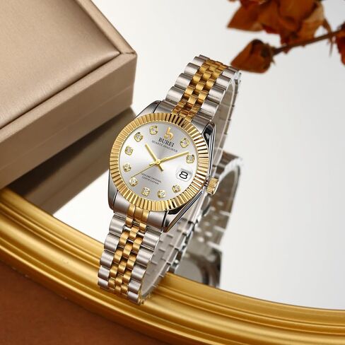 BUREI Women Watch Business Women Watches with Day DateAnalog Quartz Watch for Ladies Silver Gold Stainless Steel Bracelet Watch Fashion Ladies Watches Small Face Diamond Watch Waterproof in Saudi Arabia