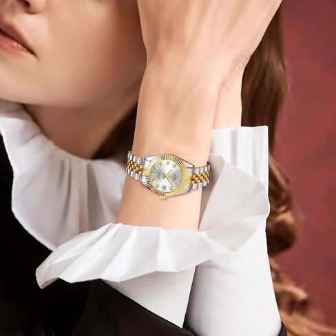 BUREI Women Watch Business Women Watches with Day DateAnalog Quartz Watch for Ladies Silver Gold Stainless Steel Bracelet Watch Fashion Ladies Watches Small Face Diamond Watch Waterproof in Saudi Arabia