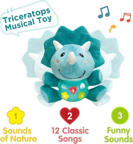 iPlay, iLearn Baby Dinosaur Musical Toys, Newborn Boys Soft Plush Stuffed Animal, Infant Tummy Time, Light Music Triceratops, 1st Birthday Shower Gift Basket Stuff 0 1 2 3 6 9 12 18 Month Toddler Girl in Kuwait