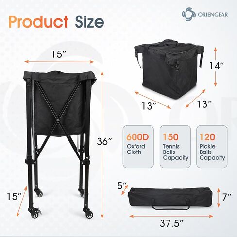 قادوس كرة تنس محمول بعجلات، سلة كرات تنس بسعة 150 كرة تنس مع جيوب جانبية وحقيبة حمل، عربة تعليمية رياضية خفيفة الوزن، مناسبة للكرة اللينة وكرة البيسبول والبيسبول in Kuwait