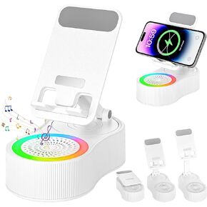 Cell Phone Stand with Bluetooth Speaker - Wireless Bluetooth Speaker with 360° Rotatable Phone Holder, Multifunctional Adjustable Stand with Charging Compatible with Tablet for Home Desk (Black)