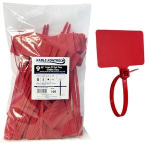 Kable Kontrol Cable Marker Zip Ties, 9 Inch 100 Pcs Large ID Flag Label Straps, Self-Locking Write on Tags for Ethernet, Power, and Cord Labeling - Red