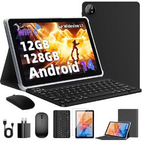 Android 14 Tablet, 10-inch with Bluetooth 5.4, 12GB RAM + 128GB ROM (Expandable up to 1TB), Octa-Core Android, 1280x800 IPS HD Touchscreen, WiFi 6, Dual Camera, 6000mAh, Widevine L1