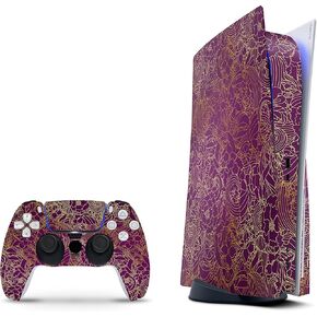 ZOOMHITSKINS Compatible with PS5 Skin, Purple Gold Neon Flowers Vintage Retro Vase, Durable, Bubble-Free, W/Disk Version, Precisely Cut