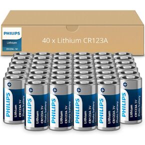 PHILIPS CR123A 3V Lithium Battery, Bulk 40-Pack,1600mAh 123a Batteries, 3V Batteries for Flashlights, Outdoor Devices & Tactical Gear, High-Performance CR123A Battery, [Non-Rechargeable]
