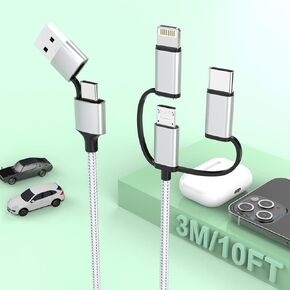 Multi 5 in 1 Universal USB Charging Cable,3M/10FT USB A/Type C to Lightning+Type C+Micro USB Nylon Braided Sync Charger Cord Adapter for Apple iPhone16 15 14/iPad/Android/Samsung/Huawei- for Uber Car