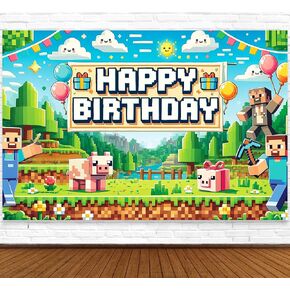Pixel Backdrop Happy Birthday Banner Boy 5x3ft Miner Bday Sign Villager Gaming Birthday Party Decorations Videogame Themed Banner Video Game Decorations Video Game Backdrop for Boys
