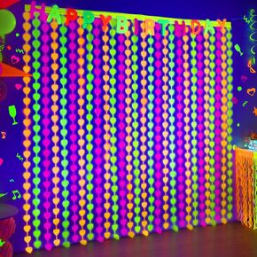 Mega-L Glow In The Dark Party Supplies, 2 Pack Neon Party Decorations 3.3 x 6.6 ft Fuchsia, Yellow and Orange Star Tinsel Foil Fringe Curtains, Photo Booth Prop Backdrop Streamer, Birthday Party Decor