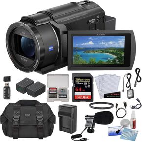 Sony FDR-AX43A UHD 4K Handycam Camcorder Bundle مع بطاقة ذاكرة 64 جيجابايت + ميكروفون مكثف صغير + بطارية وشاحن + مرشح + المزيد (11 عنصرًا) (متجدد)