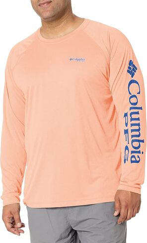 Columbia Men's Standard Terminal Tackle Long Sleeve Shirt, Sunset Red Heather/Collegiate Navy Logo, Large in Saudi Arabia