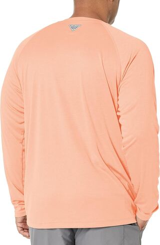 Columbia Men's Standard Terminal Tackle Long Sleeve Shirt, Sunset Red Heather/Collegiate Navy Logo, Large in Saudi Arabia