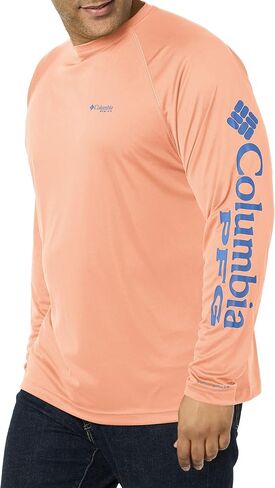 Columbia Men's Standard Terminal Tackle Long Sleeve Shirt, Sunset Red Heather/Collegiate Navy Logo, Large in Saudi Arabia