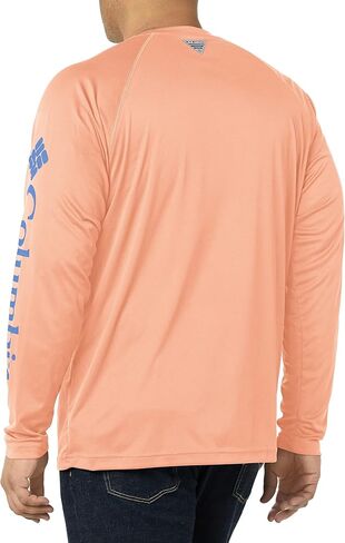 Columbia Men's Standard Terminal Tackle Long Sleeve Shirt, Sunset Red Heather/Collegiate Navy Logo, Large in Saudi Arabia