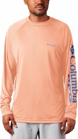 Columbia Men's Standard Terminal Tackle Long Sleeve Shirt, Sunset Red Heather/Collegiate Navy Logo, Large in Saudi Arabia