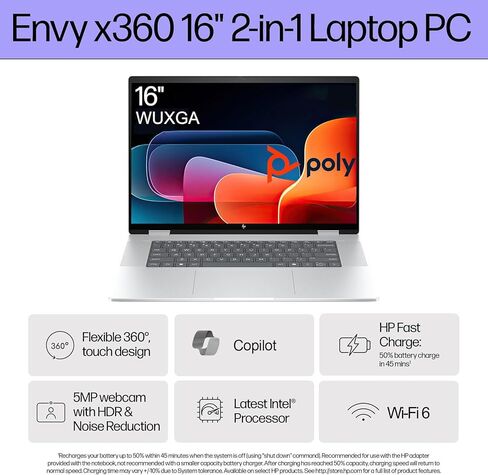HP Envy X360 16 "Ultra 5 AI Business Convertible 2-in-1 Captop ، 16" FHD+ Touchscreen ، 12-Core Intel Ultra 5 125U (Beats I7-1335U) ، 16GB RAM ، 512GB SSD ، COPILOT ، WI-FI 6E ، WIN 11 Pro ، in Kuwait