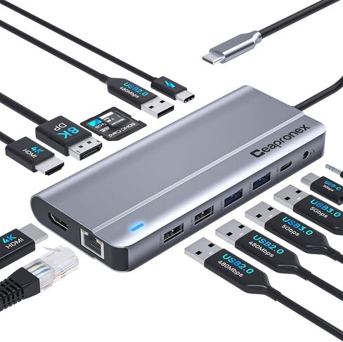 محطة إرساء الكمبيوتر المحمول USB C 3 شاشة 14 في 1 موزع USB C ثلاثي العرض لأجهزة MacBook/Dell/HP/Lenovo Dual HDMI 4K، DP 8K، شاحن PD، جيجابت إيثرنت، 6 منافذ USB، قارئ بطاقة SD/TF، ​​ميكروفون/صوت in Saudi Arabia