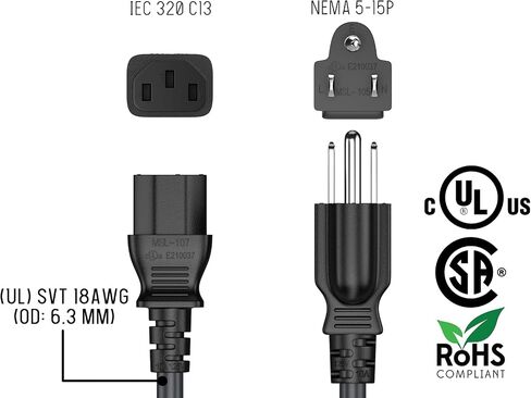 CableLeader 12ft Shielded NEMA 5-15P to C13 Shielded Heavy Duty Universal Power Cord, 18 AWG, 10A/125V, SVT, for Computer & TVs, Black in Kuwait